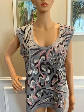 Milly Gray Sequin Animal-Print Top with Pink & Black Accents